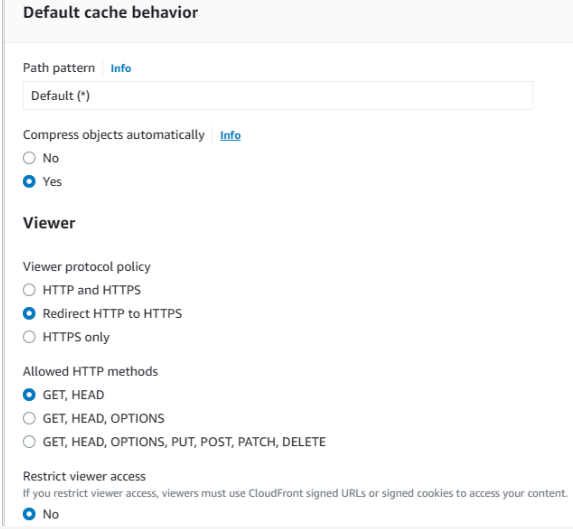 Console screenshot of Default Cache Behavior - CloudFront distribution