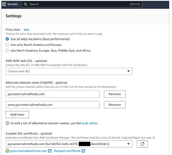 Console first screenshot of Settings - CloudFront distribution