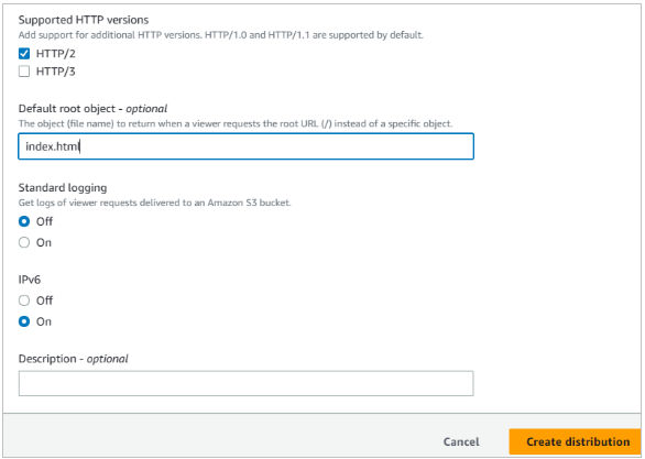 Console second screenshot of Default Root Object - CloudFront distribution