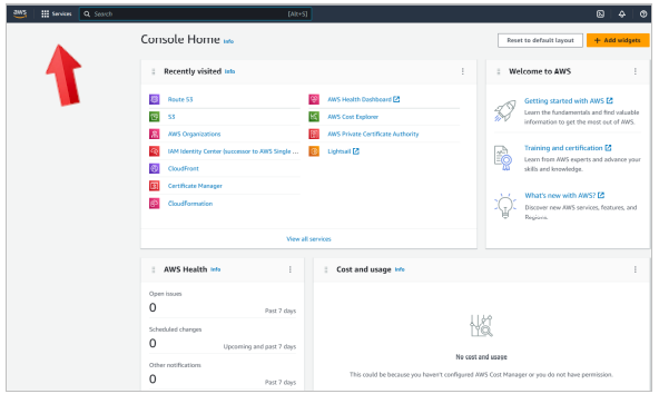 Screenshot of AWS console home page.