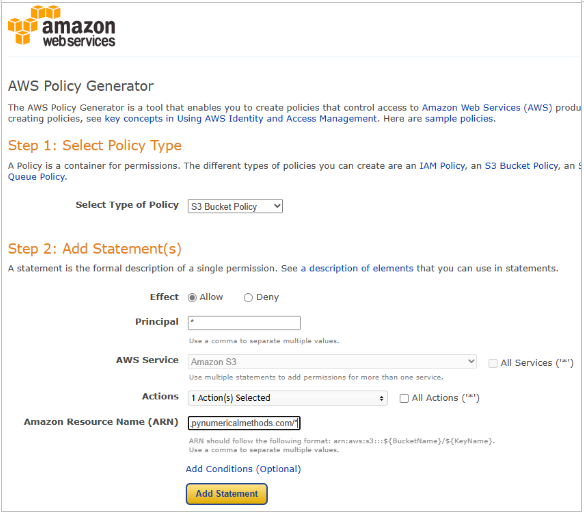 Screenshot of online AWS Policy Generator
