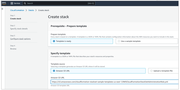 Screenshot of console Create Stack.